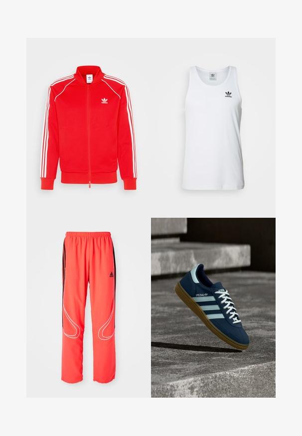 Rød zip-up jakke lavet af glat stof med hvide tre-stribe detaljer langs skuldrene og ærmerne, med et lille logo på brystet.; Hvid ribbet tanktop med rund halsudskæring, sort Adidas-logo på venstre bryst og uden ærmer. Blødt bommateriale, afslappet pasform.; Røde sportbukser med løs pasform, elastisk talje, sorte sidelister og hvide pipinger langs benene. Adidas-logo på hoften.; Blå Adidas Spezial sneaker med hvide striber og snørebånd, gummisål, svævende over en ru betongoverflade og trin i baggrunden.