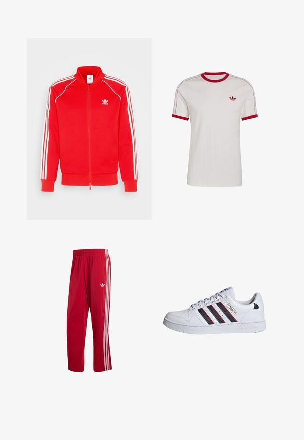 Rød zip-up jakke lavet af glat stof med hvide tre-stribe detaljer langs skuldrene og ærmerne, med et lille logo på brystet.; Hvid t-shirt med korte ærmer med rød krave og ærmekanter, tynde røde striber på skuldrene og rødt Adidas trefoil-logo på brystet.; Røde Adidas træningsbukser med elastisk talje, hvide sidelister og Trefoil-logo på højre lår mod hvid baggrund.; adidas Originals Sneakers - white