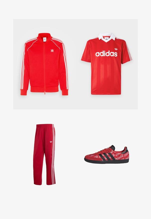 Rød zip-up jakke lavet af glat stof med hvide tre-stribe detaljer langs skuldrene og ærmerne, med et lille logo på brystet.; Rød Adidas sportstrøje med hvid krave, tre hvide striber på ærmerne og Adidas-logo centreret på brystet.; Røde Adidas træningsbukser med elastisk talje, hvide sidelister og Trefoil-logo på højre lår mod hvid baggrund.; Rød Adidas sneaker med sorte striber og sål, med hvide Coca-Cola logoer over hele den stof øverste del.