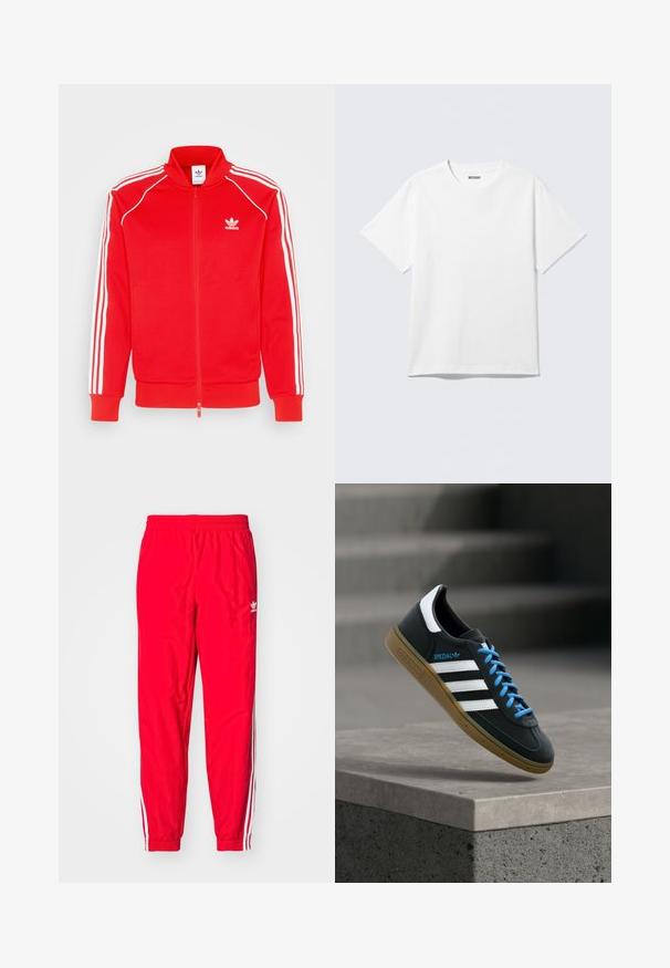Veste zippée rouge en tissu lisse avec des accents à trois rayures blanches le long des épaules et des manches, avec un petit logo sur la poitrine.; T-shirt blanc à manches courtes et col rond, étalé à plat, design uni, avec l'étiquette "WEEKDAY" à l'intérieur du col sur un fond clair.; Pantalons de sport rouges avec une taille élastique, accents rayés blancs sur les côtés et un petit logo blanc sur la cuisse gauche.; Baskets Adidas noires avec des rayures blanches, des lacets bleus et une semelle en gomme flottant au-dessus d'une marche en béton grise sous une lumière douce.