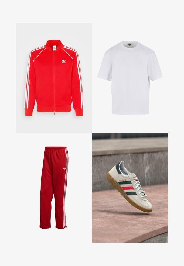 Veste zippée rouge en tissu lisse avec des accents à trois rayures blanches le long des épaules et des manches, avec un petit logo sur la poitrine.; T-shirt blanc à manches courtes en coton. Il présente un col rond et une coupe décontractée. Texture lisse, design minimaliste, sans motifs ni accents.; Pantalons de sport rouges en tissu texturé, avec des bandes latérales blanches et un logo brodé sur la jambe gauche, taille élastique.; Baskets blanches Adidas avec des rayures vertes et rouges, semelle en gomme, et marquage "SPEZIAL", flottant au-dessus d'un pavement en pierre.
