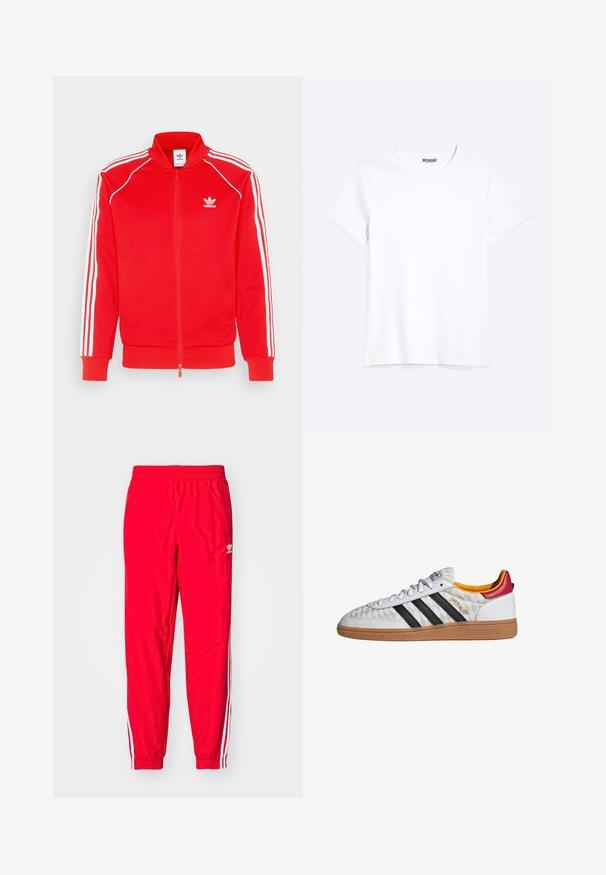 Rød zip-up jakke lavet af glat stof med hvide tre-stribe detaljer langs skuldrene og ærmerne, med et lille logo på brystet.; Enkelt hvid T-shirt med korte ærmer og rund hals med synligt WEEKDAY-mærke i kraven, vist på en lys baggrund.; Røde sportstræningsbukser med elastisk talje, hvide stribede detaljer langs siderne og et lille hvidt logo på venstre lår.; Hvid Adidas Spezial sneaker med sorte striber, gummisål, quiltet mønster, rød hælflap og gul inderfor, set fra siden.