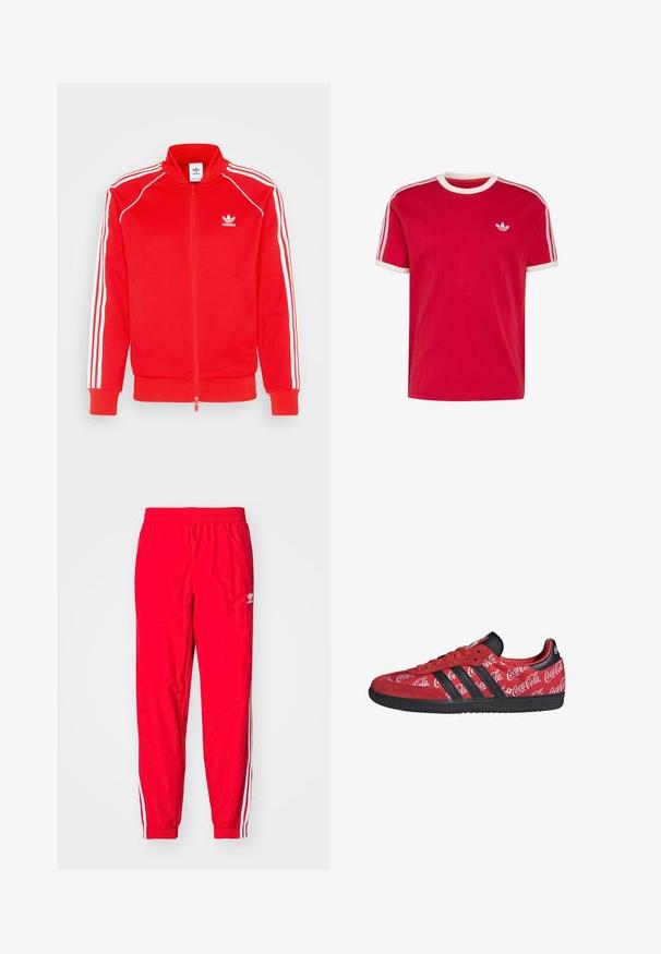 Rød zip-up jakke lavet af glat stof med hvide tre-stribe detaljer langs skuldrene og ærmerne, med et lille logo på brystet.; Rød kortærmet Adidas T-shirt med hvid rund krave og ærmekanter, hvide tre striber på skuldrene, lille trebladet logo på venstre bryst.; Røde sportstræningsbukser med elastisk talje, hvide stribede detaljer langs siderne og et lille hvidt logo på venstre lår.; Rød Adidas sneaker med sorte striber og sål, med hvide Coca-Cola logoer over hele den stof øverste del.