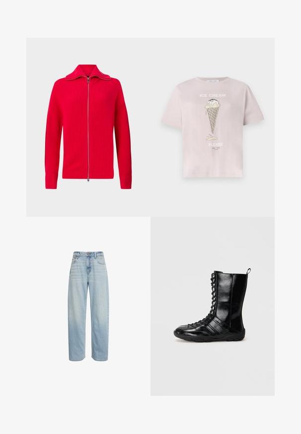 Suéter rojo de punto con cremallera, puños y cuello acanalados, con cuello alto y cierre completo de cremallera metálica.; Camiseta de algodón rosa claro con un gráfico de un cono de helado con goteos. El texto dice "HELADO, POR FAVOR" en blanco. Mangas cortas, ajuste relajado.; Vaqueros azul claro de talle alto y pierna recta, con cinco bolsillos y cierre de botón, mostrados sobre un fondo blanco.; Botas de cuero negras con caña alta, cordones en la parte delantera, suela de goma y paneles texturizados. Cuenta con un lazo para facilitar su uso.
