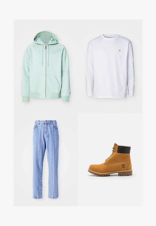 Heled mintsroheline tõmbluku hoodie, mis on valmistatud pehmest kangast. Omab reguleeritavat kapuutsi, kahte esikot, ja soonikservi. Kard logo varrukal.; Valge pika varrukaga T-särk, mis on valmistatud puuvillast. Rinnal on väike kuldne logo ja ümar kaelus. Lihtne disain ja standardne lõige.; Heledad sinised teksad, millel on vertikaalsed valged triibud, sirge lõikega, viie-tasku stiilis ja nööbiga sulgemine vöökohtades.; Pruun nahast pahkluu saabas metallist silmadega, valge karvane vooder, must pehmendatud krae, robustne tallal ja küljes reljeefne logo.