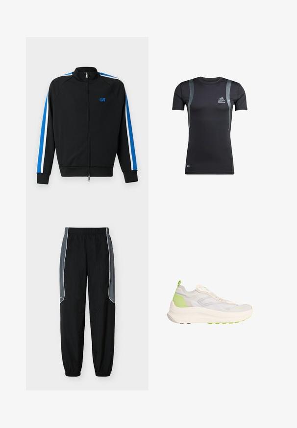 Sort zip-up træningsjakke med høj krave, med blå og hvide striber langs ærmerne og et lille blåt logo på brystet.; Sort kortærmet træningsskjorte med grå detaljer, lavet af elastisk stof. Har et Adidas-logo på venstre bryst og Techfit-branding.; Sorte træningsbukser med mørkegrå sidelommer og hvid piping, elastisk talje og benafslutninger, vist mod en hvid baggrund.; Lyse beige og grøn atletiksneaker med chunky sål, mesh overdel, trækflap ved hælen og diskret branding på tåområdet.