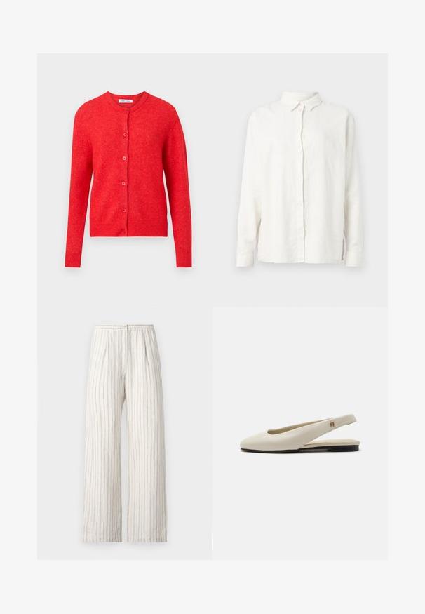 Rode gebreide cardigan met lange mouwen, een ronde halslijn en knoopsluiting aan de voorkant. Zachte textuur met geribbelde accenten bij de manchetten en de zoom.; Wit overhemd met lange mouwen en knopen, met een klassieke kraag, afgebeeld tegen een lichtgrijze achtergrond.; Samsøe Samsøe SATOVE TROUSERS - Broek - egret; Crèmekleurige leren slingback platte schoen met ronde neus en klein gouden embleem op het bandje.