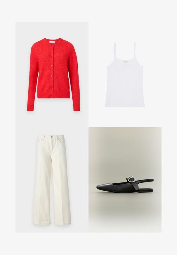 Rød strikket cardigan med lange ærmer, rund udskæring og knaplukning foran. Blød tekstur med ribbede detaljer ved manchetter og i bund.; Hvid Calvin Klein dame top med tynde skulderstropper og enkelt, tætsiddende design.; Videbenede hvide jeans lavet af en blanding af bomuldsstof. Har en lynlås i fronten, fem lommer og syninger langs sømmene.; Sort spids flat slingback-sko med sølv spænde og lav hæl på en neutral baggrund.