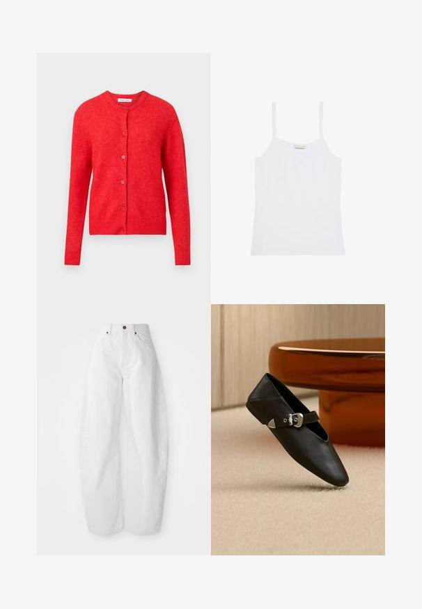 Rød strikket cardigan med lange ærmer, rund udskæring og knaplukning foran. Blød tekstur med ribbede detaljer ved manchetter og i bund.; Hvid Calvin Klein dame top med tynde skulderstropper og enkelt, tætsiddende design.; Højtaljede hvide denimbukser med løs pasform. Har en knaplukning, sidelommer og et minimalistisk design. Glat tekstur.; Sort lædersko med flad hæl, spids tå og sølvspænde, placeret på beige tæppe foran rundt bord i ravfarve.