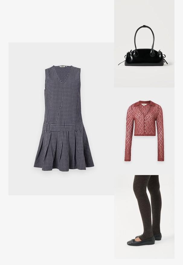 Cardigan en dentelle de couleur rouge profond, coupe courte, manches longues, décolleté en V, fermeture à boutons, orné d'un motif texturé.; Robe à carreaux bleu marine avec un décolleté en V, sans manches, jupe plissée et taille structurée. Fabriquée en tissu léger.; Jambes portant des leggings côtelés foncés associés à des ballerines noires avec de petits détails en nœud sur fond blanc.; Petit sac à main noir brillant avec deux longues anses et des détails à cordon sur les côtés sur un fond clair uni.