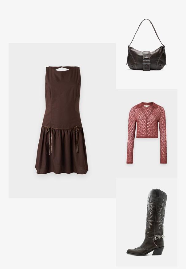Cardigan en dentelle de couleur rouge profond, coupe courte, manches longues, décolleté en V, fermeture à boutons, orné d'un motif texturé.; Robe marron sans manches avec un corsage ajusté et une jupe évasée. Caractéristiques des détails à cordon à la taille et un dos ouvert.; Botte de cowboy en cuir noir avec découpes décoratives, boucle argentée et talon incliné, présentée sur fond blanc.; Sac à épaule en cuir marron avec une forme courbée, présentant un détail de boucle proéminent, des coutures contrastantes et une seule bandoulière.