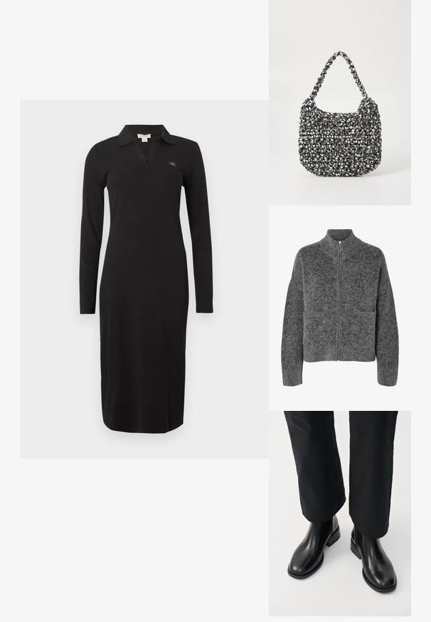 Veste en laine grise foncée et duveteuse, manches longues, col montant, fermeture éclair à l'avant avec une tirette circulaire.; Robe noire à manches longues avec col, présentant un design à encolure en V et une coupe ajustée. Le matériau a une texture côtelée. Comprend un petit détail de logo.; Bottines Chelsea en cuir noir avec une texture lisse, un bout rond et un petit talon carré, associées à un pantalon noir.; Sac en osier noir et blanc de forme arrondie, avec une surface texturée et une poignée tressée. Convient à un usage décontracté.