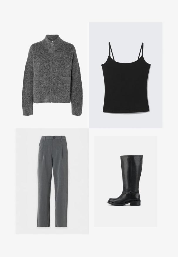 Veste en laine grise foncée et duveteuse, manches longues, col montant, fermeture éclair à l'avant avec une tirette circulaire.; Débardeur court noir sans manches avec fines bretelles et encolure droite sur fond gris clair.; Pantalon gris coupe droite avec passants de ceinture, fermeture à boutons sur le devant et plis près de la taille sur fond blanc.; Bottes hautes en cuir noir avec talon bloc bas et bout arrondi, dessus lisse avec coutures minimales sur fond uni.