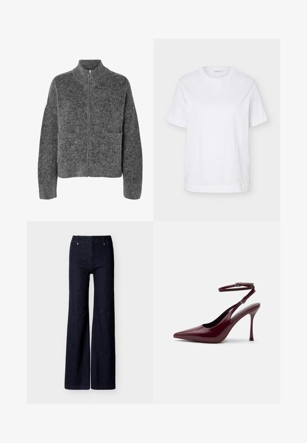 Veste en laine grise foncée et duveteuse, manches longues, col montant, fermeture éclair à l'avant avec une tirette circulaire.; T-shirt blanc à manches courtes col rond avec un subtil motif ondulé cousu et une petite étiquette beige à l’intérieur du col.; Jean denim bleu foncé à jambes larges, taille haute avec des coutures verticales sur le devant, sur fond blanc.; Chaussure à talon haut bordeaux brillant à bout pointu avec bride de cheville et boucle, talon aiguilles fin, vue de côté sur fond uni.
