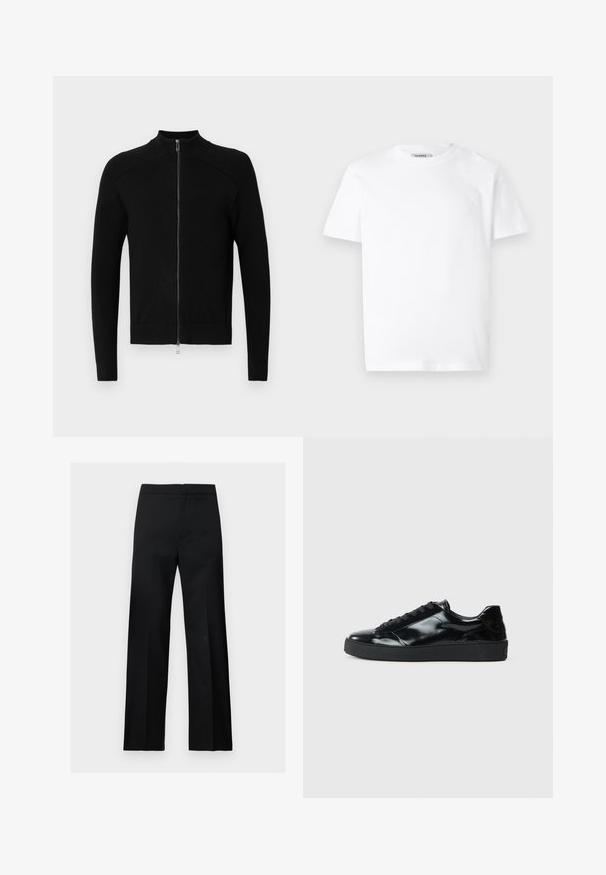 Pull noir zippé avec col haut, accents côtelés aux épaules et texture lisse sur le corps. Manches longues ajustées et ourlet droit.; T-shirt en coton blanc avec un col rond et des manches courtes. Présente un petit logo en relief sur la poitrine gauche. Texture lisse.; Pantalon formel noir à jambes droites, taille haute, au design épuré et minimaliste, présenté sur un fond clair uni.; Baskets en cuir verni noir avec un bout arrondi, un laçage, une semelle en caoutchouc texturé et une finition lisse.