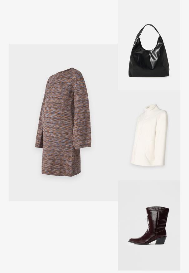 Veste en polaire blanche avec un col montant, une fermeture éclair et une poche latérale surdimensionnée. Texture douce et silhouette décontractée.; Robe en tricot marron avec un motif marbré bleu et orange, manches longues, encolure ronde et coupe décontractée conçue pour le confort.; Bottines en cuir bourgogne avec un bout pointu, une surface texturée et un petit talon effilé. Présente une couture discrète et un ajustement confortable.; Sac hobo en cuir noir avec une texture douce et brillante et un haut ouvert arrondi. Dispose d'une large sangle courbée pour le transport. Pas de matériel visible.
