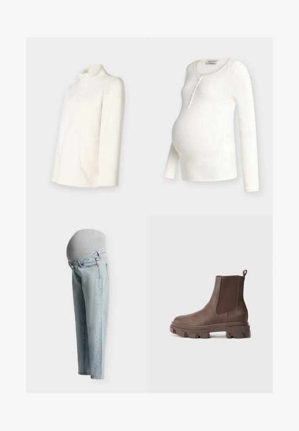 Veste en polaire blanche avec un col montant, une fermeture éclair et une poche latérale surdimensionnée. Texture douce et silhouette décontractée.; Haut de maternité à manches longues côtelées de couleur crème, avec encolure dégagée et patte de boutonnage, conçu pour s'adapter à un ventre de femme enceinte.; Jean de maternité bleu clair avec un panneau gris extensible couvrant le ventre de grossesse, présenté de profil sur un fond uni.; Bottines marron en matériau texturé avec des panneaux élastiques sur les côtés, une languette de tirage et une semelle crantée épaisse pour une meilleure adhérence.