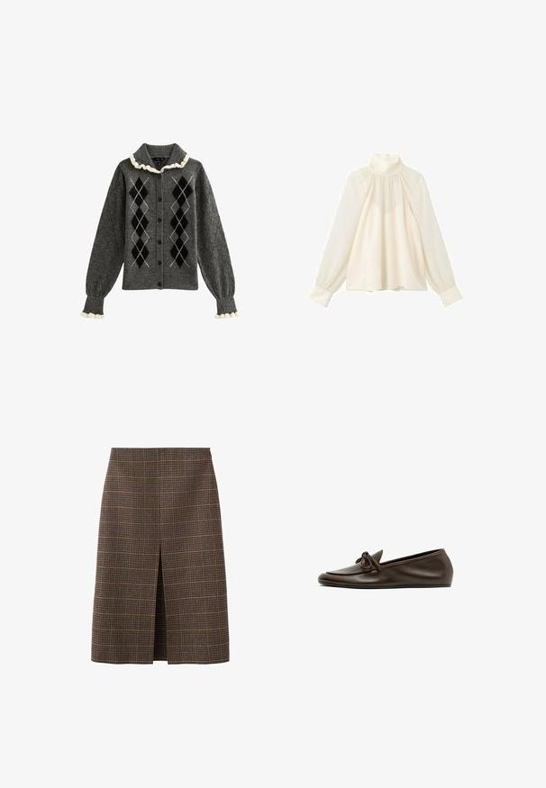 Gilet gris avec des motifs argyle en noir et blanc, poignets côtelés, col volanté et fermeture à boutons. Fabriqué en matière tricotée douce.; Blouse écrue à manches longues, col haut, empiècement froncé, coupe ample, poignets boutonnés et fermeture éclair au dos.; Jupe à carreaux marron avec une coupe droite, longueur genou, dotée d'une fente à l'avant. Le tissu a une finition texturée avec des contrastes de couleurs subtils.; Mocassin plat en cuir brun foncé avec un bout arrondi et un nœud décoratif sur le dessus, vu de côté sur fond blanc.
