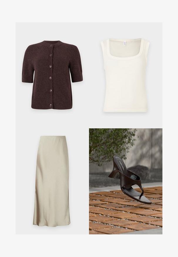 Cardigan court à manches courtes marron foncé avec un col rond et une texture douce et duveteuse.; Débardeur sans manches de couleur crème avec un décolleté carré, une texture côtelée et une coupe ajustée. Tissu lisse avec des bords propres et droits.; Une longue jupe beige clair en tissu lisse présente une légère brillance et un ourlet évasé, offrant un design épuré et minimaliste.; Sandale à talon marron Calvin Klein suspendue au-dessus d'un sol extérieur en dalles de bois et gravier avec un arrière-plan flou de verdure et de pierres.