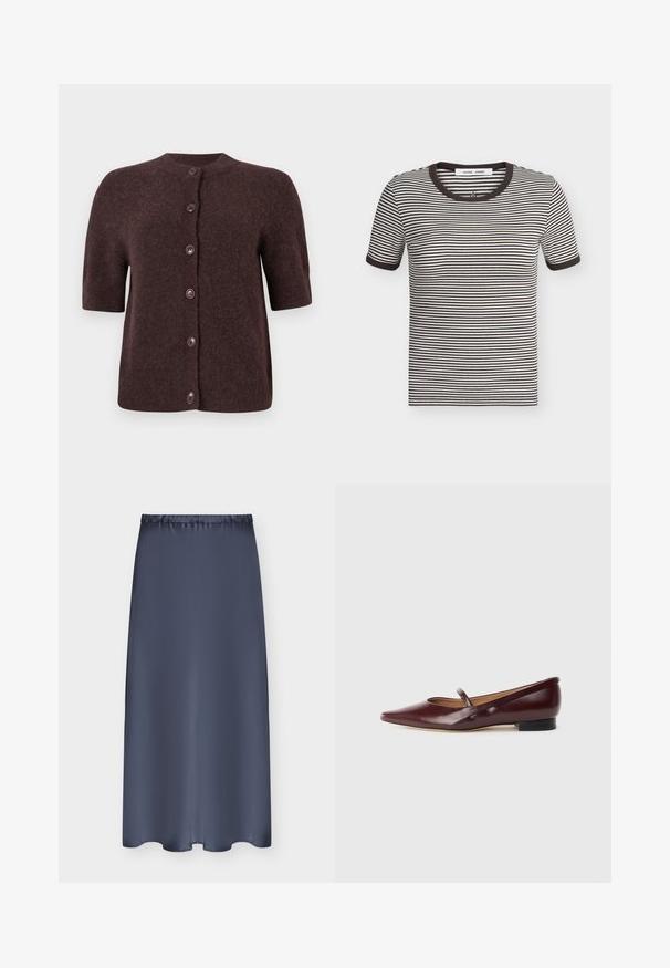 Cardigan court à manches courtes marron foncé avec un col rond et une texture douce et duveteuse.; T-shirt à manches courtes rayé noir et blanc horizontal avec col et poignets côtelés noirs, posé à plat sur un fond clair.; Jupe bleu marine mi-longue avec taille élastique et tissu lisse, présentée à plat sur un fond clair.; Chaussure plate en cuir verni bordeaux avec un bout pointu et une sangle décorative sur le cou-de-pied. Présente un petit talon noir.