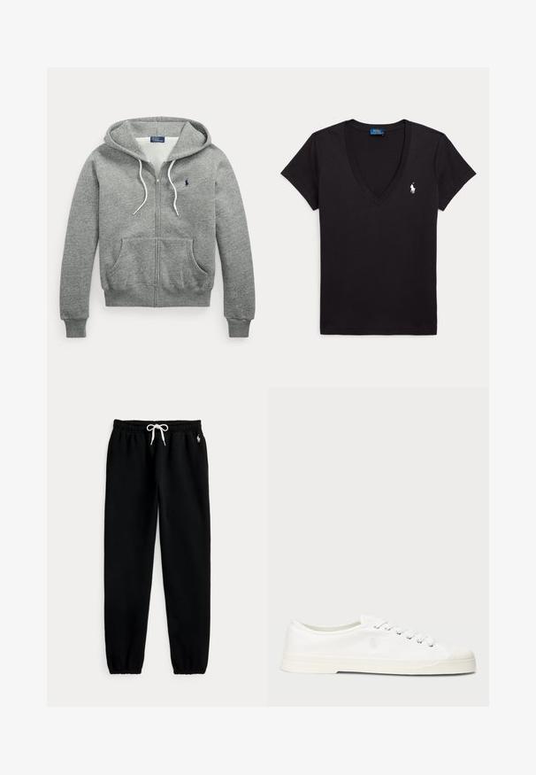 Γκρι φούτερ με φερμουάρ, λευκά κορδόνια, μπροστινές τσέπες, ριμπ μανσέτες και μικρό σκούρο μπλε λογότυπο Polo Ralph Lauren στο στήθος.; Μαύρο κοντομάνικο T-shirt με V-λαιμόκοψη, μικρό λευκό λογότυπο Polo Ralph Lauren στο αριστερό στήθος και μπλε ετικέτα εσωτερικά στον γιακά.; Μαύρο παντελόνι jogging με ελαστική μέση και λευκό κορδόνι, ελαστικές μανσέτες και μικρό λευκό λογότυπο αλόγου στο αριστερό ισχίο.; Λευκά καμβαδένια αθλητικά παπούτσια με στρογγυλή μύτη, κλείσιμο με κορδόνια και διακριτική λεπτομέρεια λογοτύπου. Διαθέτουν υφασμάτινη υφή και καουτσούκ σόλα.