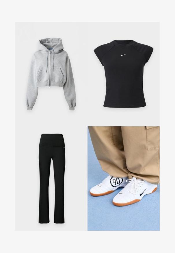 Gaiši pelēks īss rāvējslēdzēja džemperis ar kapuci, priekšējām kabatām, kapuces aukliņu, ribotām aprocēm un mazu Nike logotipu uz krūts.; Melns īss piedurkņu tops ar ribas tekstūru, apaļu kakla izgriezumu un nelielu baltu Nike logotipu uz krūtīm.; Melnas sporta bikses ar pieguļošu vidukli un izplestām kājām. Izgatavotas no elastīgas auduma, sānos ar nelielu logo.; Baltas sporta apģērbs ar izšūtu dizainu, melna Nike svītra un izteiksmīga melna "90" grafika sānos, kopā ar haki biksēm.