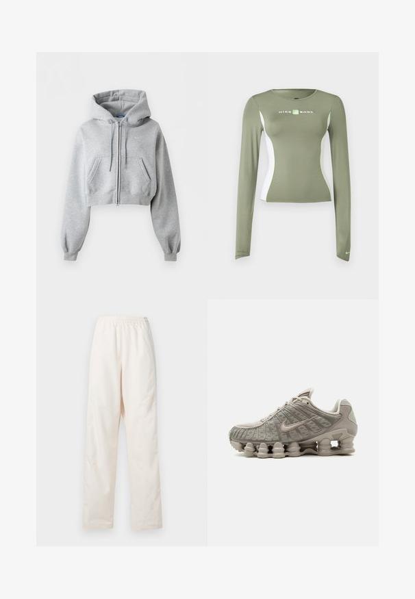 Gaiši pelēks īss rāvējslēdzēja džemperis ar kapuci, priekšējām kabatām, kapuces aukliņu, ribotām aprocēm un mazu Nike logotipu uz krūts.; Olivzaļš Nike Shox garām piedurknēm tops ar baltām sānu paneļiem un neona zaļām detaļām, pieguļošs griezums un neliels Swoosh logo uz piedurknes aproces.; Brīvi pieguļoši krēmkrāsas bikses ar elastīgu jostasvietu un taisnām kājām, attēlotas uz vienkrāsaina balta fona.; Gaiši bēšas krāsas Nike Shox sporta apavi ar redzamu kolonnas formas mīkstinošu zolīti un acs detalizējumu augšējā daļā.