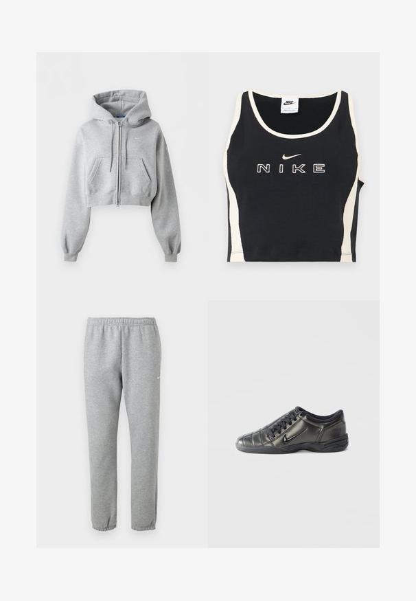 Light grey cropped zip-up hoodie with front pockets, drawstring hood, ribbed cuffs, and subtle Nike logo on the chest.; Black sleeveless crop top with white trim and side panels, featuring white Nike text and swoosh logo centered on the front.; Light gray Nike sweatpants with elastic waistband and cuffs, small white Nike swoosh logo on upper left thigh.; Black low-top Nike sneaker with laces, stitched detailing, and a textured sole against a plain white background.
