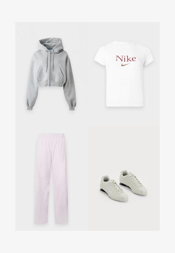 Light grey cropped zip-up hoodie with front pockets, drawstring hood, ribbed cuffs, and subtle Nike logo on the chest.; White short-sleeve t-shirt with red "Nike" text and a leopard print Nike swoosh logo centered on the chest.; Light pink Nike sports pants with elastic waistband, straight legs, and subtle white Nike swoosh logo on left thigh.; White Nike sneakers with a textured upper, featuring a smooth toe cap and black cushioning accents. Lace-up style with a reinforced heel.