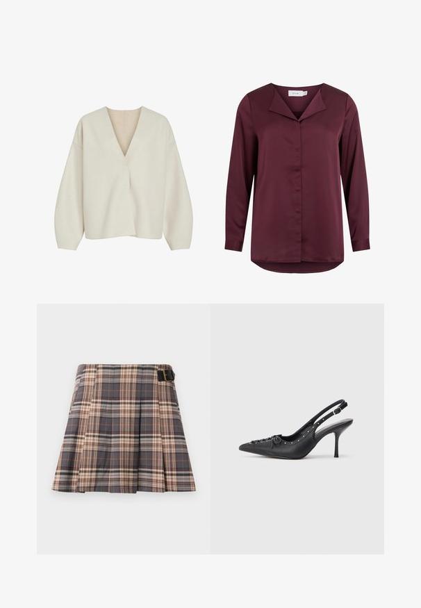 Suéter envolvente de color crema con un escote en V pronunciado, corte holgado y hombros caídos. Tejido suave y texturizado sin cierres visibles ni estampados.; Blusa de manga larga en burdeos oscuro con cuello vuelto y cierre frontal con botones ocultos, hecha de tela lisa.; Falda de cuadros en colores gris, beige y óxido; cuenta con pliegues, un detalle de hebilla y un diseño estructurado. Confeccionada con una tela tejida.; Sandal de tacón stiletto negro de cuero con punta afilada, correa lateral con hebilla, tachuelas a lo largo del borde y cordones decorativos en la parte delantera.