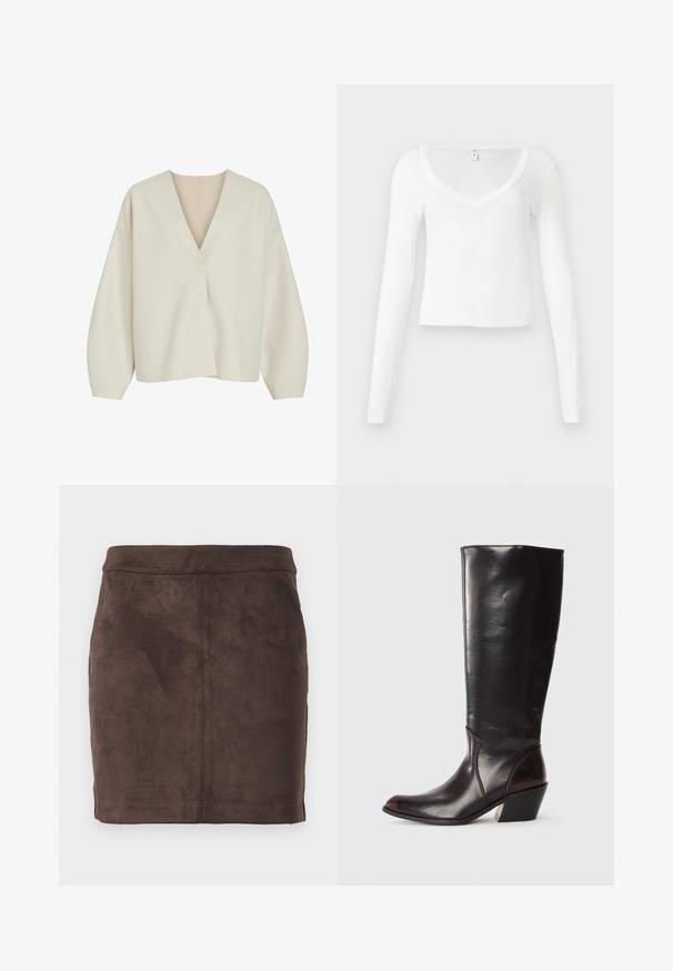 Suéter envolvente de color crema con un escote en V pronunciado, corte holgado y hombros caídos. Tejido suave y texturizado sin cierres visibles ni estampados.; Camiseta blanca de manga larga con cuello en V, ajustada y corta, con una textura simple y suave en la tela, sobre un fondo neutro.; Minifalda de ante marrón con una textura suave, diseño entallado y una cinturilla plana, con costuras verticales para dar estructura.; Bota de cuero marrón oscuro hasta la rodilla con punta afilada, tacón angular y textura suave y brillante. Presenta un diseño limpio y detalles de costura.
