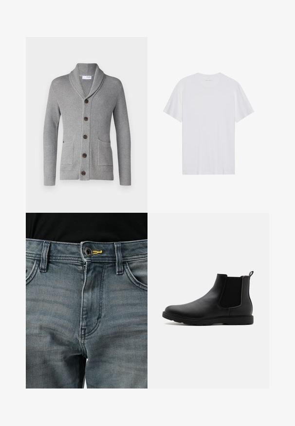 Grijze gebreide cardigan met een sjawl kraag, vijf bruine knopen, twee voorkruiszakken en geribbelde manchetten. De textuur van de stof biedt een gezellige uitstraling.; Witte katoenen T-shirt met korte mouwen, een ronde hals en een gladde textuur. Heeft minimale branding op de halslijn.; Vervaagde blauwe denim jeans met knoopsluiting, gele accenten bij de tailleband en een klassiek vijf-pocket ontwerp. De textuur lijkt zacht en versleten.; Zwarte leren Chelsea-laars met elastische zijpanelen, een trekhaak en een duurzame rubberen zool. Glad oppervlak en gestroomlijnd ontwerp.