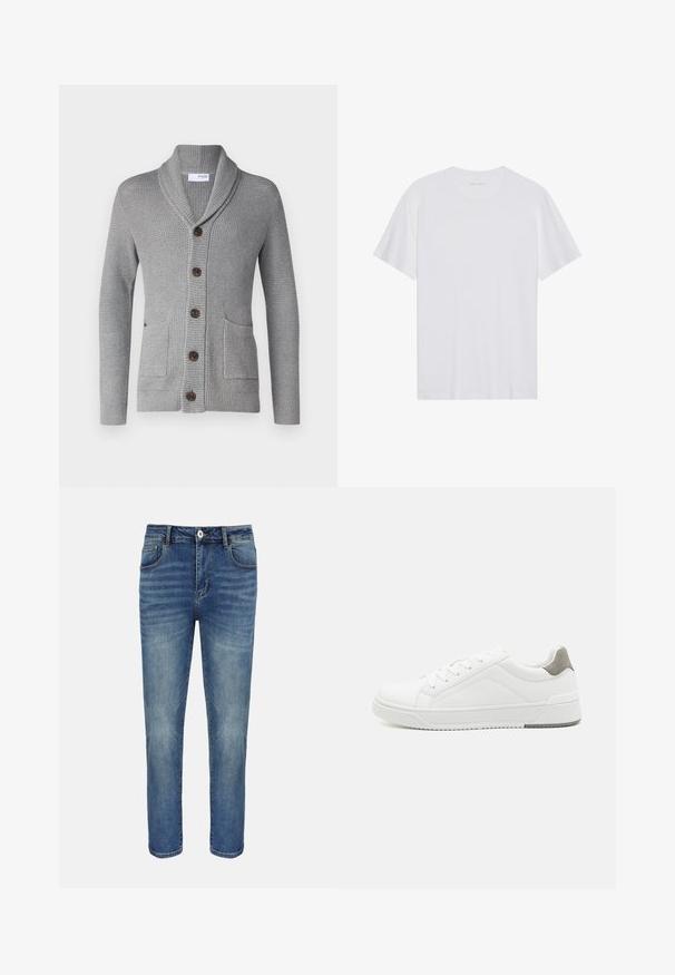 Grauer Strickcardigan mit einem Schalkragen, fünf braunen Knöpfen, zwei vorderen Taschen und gerippten Bündchen. Das strukturierte Material sorgt für ein gemütliches Aussehen.; Weißes Baumwoll-T-Shirt mit kurzen Ärmeln, Rundhalsausschnitt und glatter Textur. Verfügt über eine minimale Markenkennzeichnung am Halsausschnitt.; Blaue gerade geschnittene Jeans mit vorderer Knopfleiste und Reißverschluss, Gürtelschlaufen sowie Vorder- und Gesäßtaschen.; Weißer Sneaker aus glattem Leder, runde Zehenpartie, minimalistisches Design, graue Fersenkante und strukturierte Gummisohle.