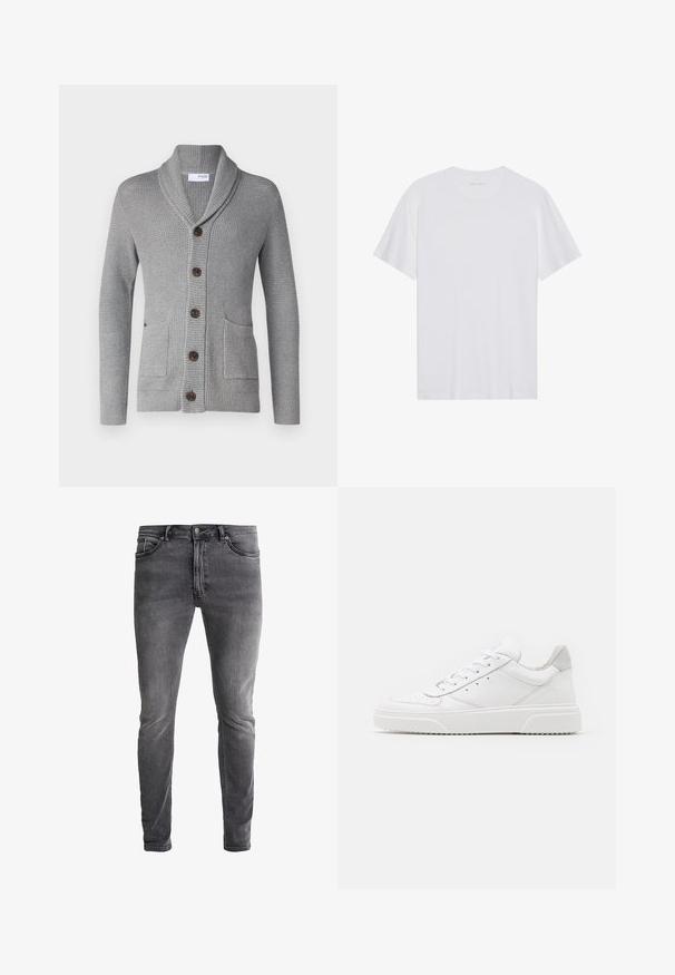Grauer Strickcardigan mit einem Schalkragen, fünf braunen Knöpfen, zwei vorderen Taschen und gerippten Bündchen. Das strukturierte Material sorgt für ein gemütliches Aussehen.; Weißes Baumwoll-T-Shirt mit kurzen Ärmeln, Rundhalsausschnitt und glatter Textur. Verfügt über eine minimale Markenkennzeichnung am Halsausschnitt.; Slim-Fit graue Jeans aus Denim mit leichtem Stretch. Mit fünf Taschen, einem Reißverschluss und einem kontrastierenden Metallknopf. Ausgewaschene Textur.; Weiße Leder-Sneaker mit glatter Oberfläche, rundem Zehenbereich, flachen Schnürsenkeln und strukturiertem Schuhsohlen. Graues Wildleder-Detail an der Ferse.