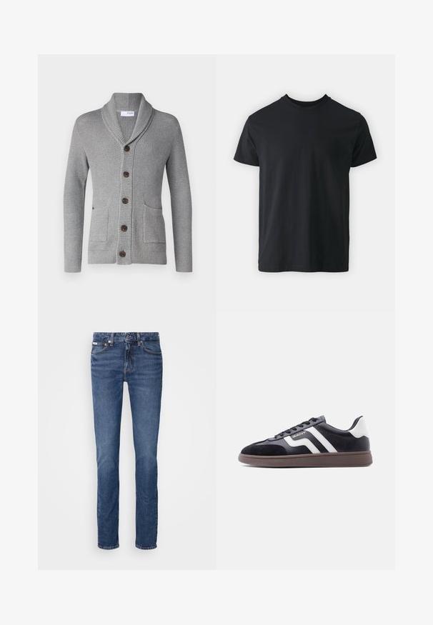 Cárdigan de punto gris con cuello chal, cinco botones marrones, dos bolsillos frontales y puños acanalados. El tejido texturizado ofrece una apariencia acogedora.; Camiseta de algodón negra de manga corta con cuello redondo y un ajuste relajado. Textura suave y dobladillo recto, sin gráficos ni patrones visibles.; Jeans de mezclilla azul con un diseño de pierna recta, que presentan un clásico diseño de cinco bolsillos y acentos de hardware en color cobre en la cintura y los bolsillos.; Zapatillas negras con material de ante y sintético, rayas diagonales blancas y suela marrón texturizada. Presentan un diseño con cordones y cuello acolchado.