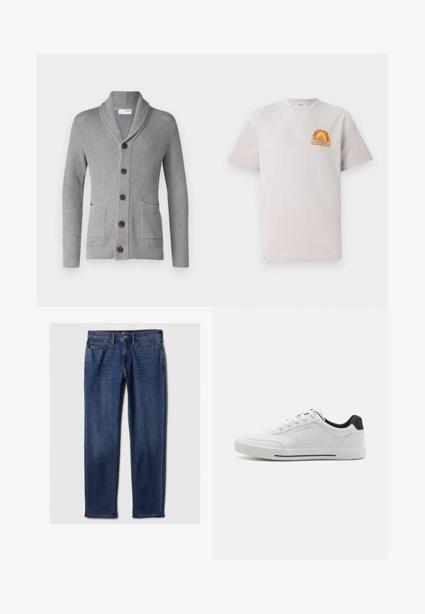 Cardigan tricoté gris avec un col châle, cinq boutons marron, deux poches avant et des poignets côtelés. Le tissu texturé donne une apparence confortable.; T-shirt en coton gris clair avec col rond, arborant un graphisme coloré "Lone Château Replay" en orange et bleu sur la poitrine.; Jeans bleu foncé en denim, avec un design à jambe droite, cinq poches et des coutures contrastantes. Fermeture à la taille avec un bouton et une fermeture éclair.; Baskets blanches avec un dessus en synthétique lisse, bout rond, design à lacets, accent marine sur le talon, et une semelle en caoutchouc texturée avec une bande noire.
