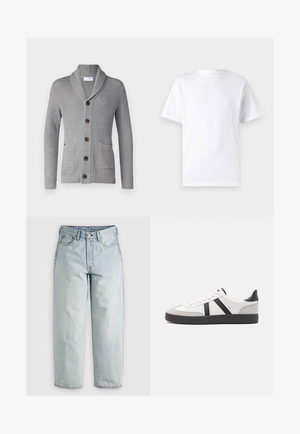 Grauer Strickcardigan mit einem Schalkragen, fünf braunen Knöpfen, zwei vorderen Taschen und gerippten Bündchen. Das strukturierte Material sorgt für ein gemütliches Aussehen.; Weißes kurzärmeliges T-Shirt aus Baumwolle mit Rundhalsausschnitt, das eine glatte Textur und ein einfaches Design ohne Muster oder Akzente aufweist.; Hellblaue Jeans aus Denim mit geradem Bein, fünf Taschen und einem Knopfverschluss; mit verblassten Bereichen und dezenten Nähdetails.; Weiße Sneaker mit schwarz- und grau-aczenten, ausgestattet mit einer strukturierten grauen Zehenkappe, schwarzer Gummi-Sohle und flachen weißen Schnürsenkeln. Sauberes Design, minimalistische Stil.