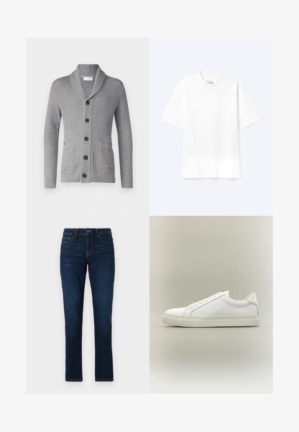 Cárdigan de punto gris con cuello chal, cinco botones marrones, dos bolsillos frontales y puños acanalados. El tejido texturizado ofrece una apariencia acogedora.; Camiseta lisa blanca de manga corta y cuello redondo con un corte relajado, mostrada sobre un fondo claro.; Jeans de mezclilla azul oscuro con un corte ajustado, diseño estándar de cinco bolsillos y cierre de botón y cremallera. Textura suave con un desvanecimiento mínimo.; Zapatilla blanca de perfil bajo con cordones en la parte delantera y suela gruesa, mostrada de lado sobre un fondo neutro.