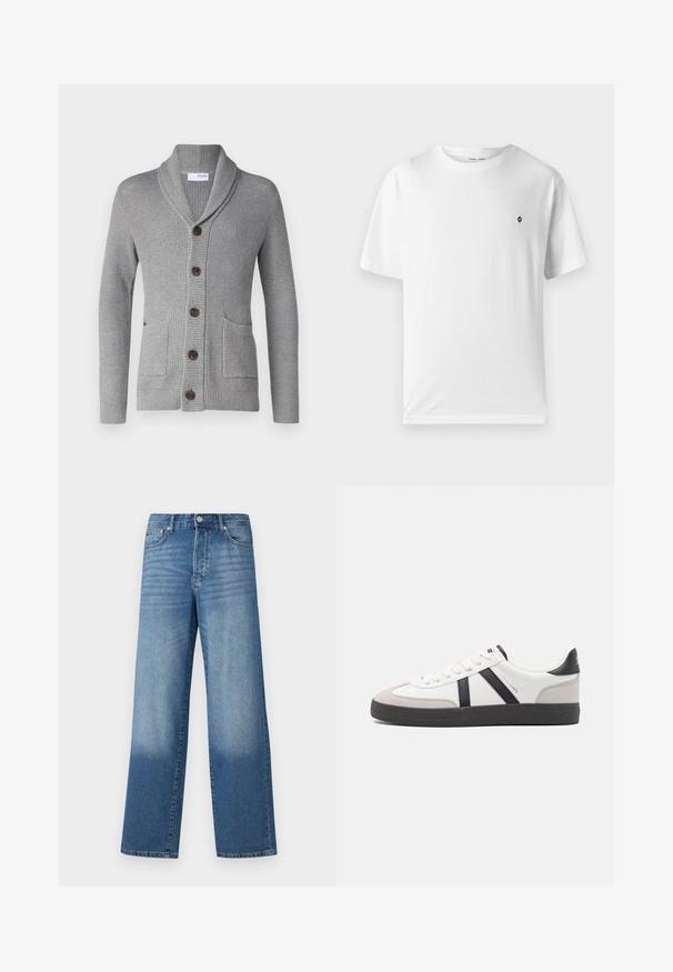 Cárdigan de punto gris con cuello chal, cinco botones marrones, dos bolsillos frontales y puños acanalados. El tejido texturizado ofrece una apariencia acogedora.; Camiseta blanca de algodón con cuello redondo, mangas cortas y un pequeño logo negro en el pecho. Textura suave, corte casual.; Vaqueros de tiro alto y pierna recta en azul, con decoloración en los muslos y sombras más oscuras cerca de los dobladillos, con botón frontal y bolsillos visibles.; Zapatilla blanca con acentos en negro y gris, que presenta una puntera texturizada en gris, suela de goma negra y cordones planos blancos. Diseño limpio, estilo minimalista.