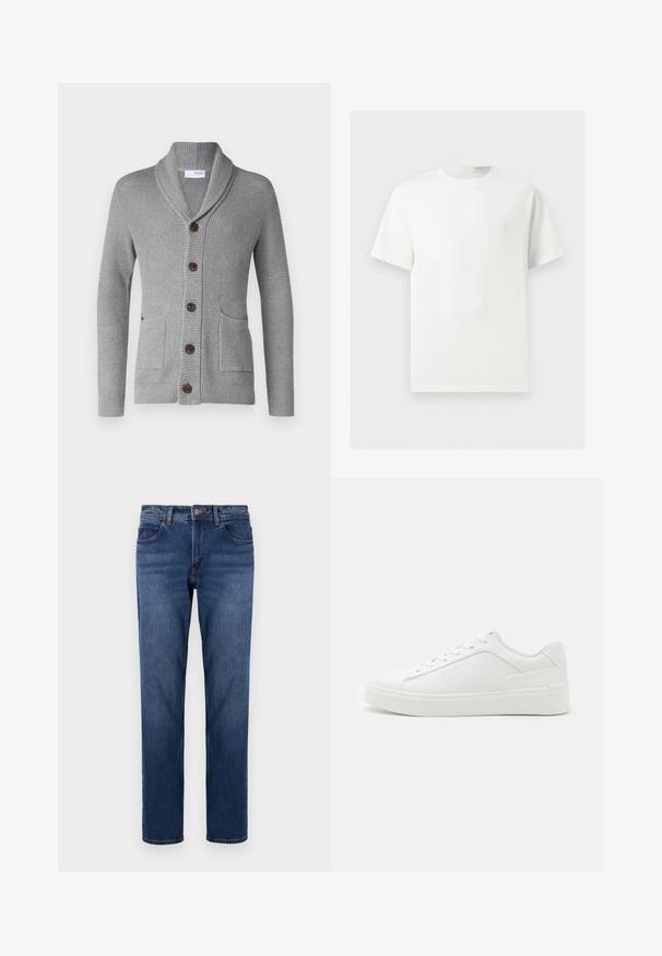 Grijze gebreide cardigan met een sjawl kraag, vijf bruine knopen, twee voorkruiszakken en geribbelde manchetten. De textuur van de stof biedt een gezellige uitstraling.; Effen wit T-shirt met korte mouwen en ronde hals, weergegeven op een lichtgrijze achtergrond.; Donkerblauwe denim jeans met een rechte pasvorm, vijf zakken en contrasterende stiksels. Afgewerkt met een knoop en ritssluiting.; Witte lage sneakers van glad leer, met een ronde neus, platte zolen en subtiele branding aan de zijkant.