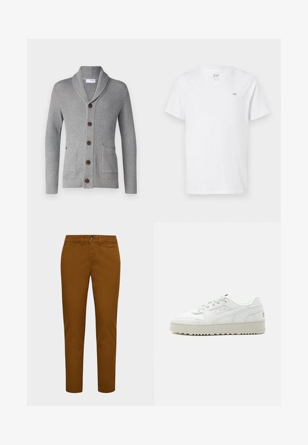 Grijze gebreide cardigan met een sjawl kraag, vijf bruine knopen, twee voorkruiszakken en geribbelde manchetten. De textuur van de stof biedt een gezellige uitstraling.; Witte katoenen T-shirt met V-hals, korte mouwen en een klein geborduurd logo op de bovenste linkerkant van de borst. Soepele textuur.; Bruine katoenen chino's met een slim fit, voorzien van een voorknoopsluiting en riemlussen. Glad textuur en taps toelopende pijpen.; Witte lage sneaker met dikke zool, veters aan de voorkant, geperforeerde details en een gevoerde kraag op een effen lichtgrijze achtergrond.