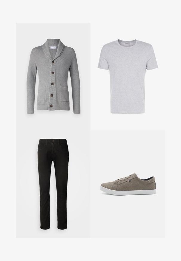 Grauer Strickcardigan mit einem Schalkragen, fünf braunen Knöpfen, zwei vorderen Taschen und gerippten Bündchen. Das strukturierte Material sorgt für ein gemütliches Aussehen.; Graues Baumwoll-T-Shirt mit Rundhalsausschnitt, kurzärmlig und schlichtem Design, das eine weiche, glatte Textur aufweist und keine sichtbaren Muster oder Verzierungen hat.; Schwarze Jeans aus Denim mit geradem Schnitt, ausgestattet mit zwei frontalen Taschen und einem Knopfverschluss. Glatte Textur und saubere Verarbeitung.; Braune Canvas-Sneaker mit runder Zehenpartie, weißer Gummisohle und fünf Ösen. Mit einem kleinen dreifarbigen Akzent an der Seite.