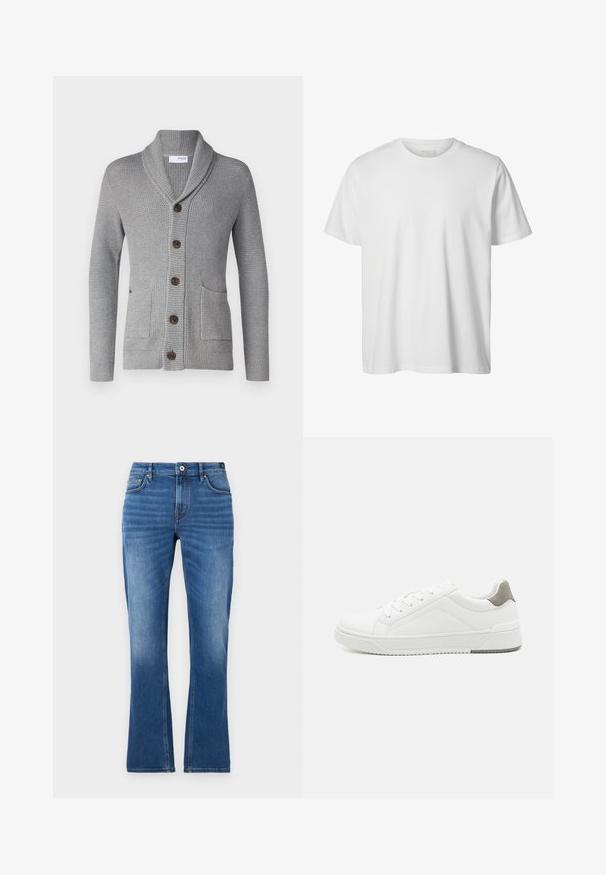 Grijze gebreide cardigan met een sjawl kraag, vijf bruine knopen, twee voorkruiszakken en geribbelde manchetten. De textuur van de stof biedt een gezellige uitstraling.; Eenvoudig wit T-shirt met korte mouwen en ronde hals, losse pasvorm en zonder zichtbare logo's of ontwerpen aan de voorkant.; Jeans met uitlopende pijpen in medium blauw. Heeft een vijfzakkenontwerp, stikselaccenten, een knoopsluiting en een licht vervaagde textuur op de benen.; Witte sneaker van glad leer met een ronde neus, minimalistisch ontwerp, grijze hielaccent en een geplaatste rubberen zool.