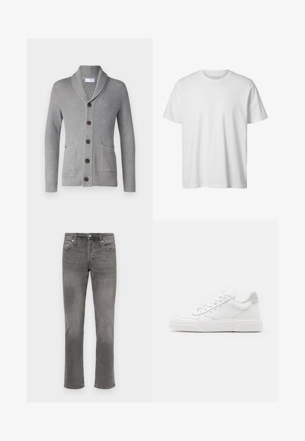 Cárdigan de punto gris con cuello chal, cinco botones marrones, dos bolsillos frontales y puños acanalados. El tejido texturizado ofrece una apariencia acogedora.; Camiseta blanca lisa de manga corta con cuello redondo, corte holgado y sin logos o diseños visibles en el frente.; Jeans de mezclilla gris con un diseño de pierna recta, estilo de cinco bolsillos, con cierre de botones y un sutil desgastado en la parte frontal.; Zapatillas de cuero blanca con un acabado suave, punta redondeada, cordones planos y una suela texturada. Acento de ante gris en el talón.