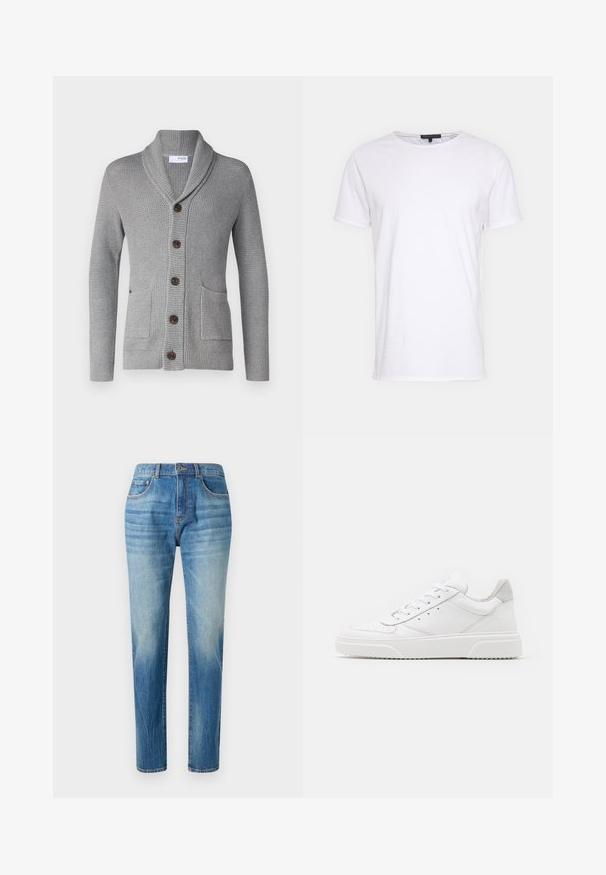 Cárdigan de punto gris con cuello chal, cinco botones marrones, dos bolsillos frontales y puños acanalados. El tejido texturizado ofrece una apariencia acogedora.; Camiseta de algodón blanca con cuello redondo, mangas cortas y corte recto. Presenta una textura simple y suave sin patrones adicionales.; Jeans de mezclilla azul claro, diseño de pierna recta, con una cintura alta, sutil desvanecimiento y un estilo clásico de cinco bolsillos. Cierre de botón de metal.; Zapatillas de cuero blanca con un acabado suave, punta redondeada, cordones planos y una suela texturada. Acento de ante gris en el talón.