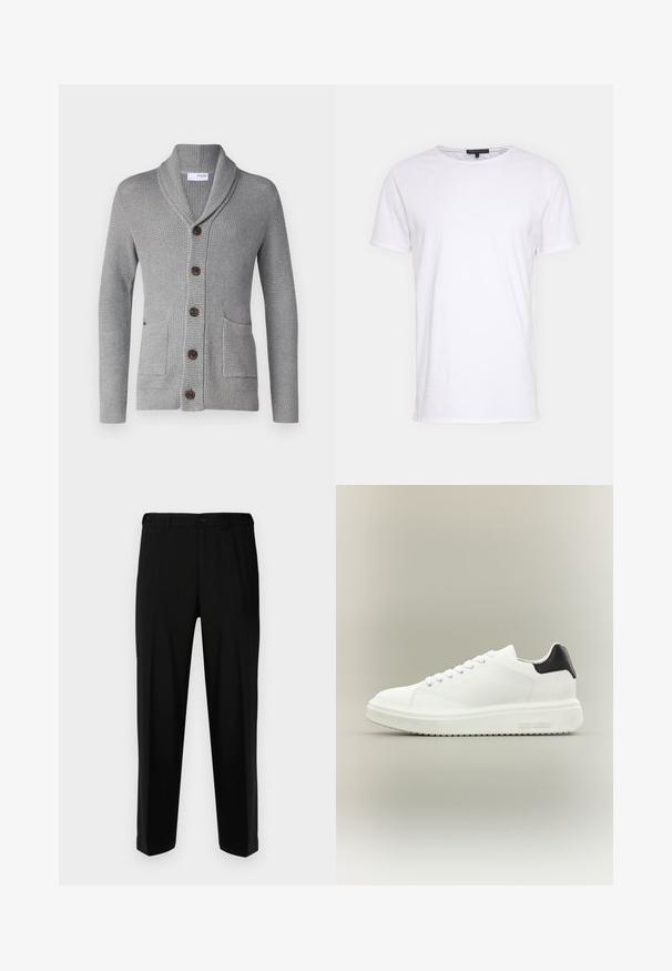 Grijze gebreide cardigan met een sjawl kraag, vijf bruine knopen, twee voorkruiszakken en geribbelde manchetten. De textuur van de stof biedt een gezellige uitstraling.; Witte katoenen t-shirt met een ronde halslijn, korte mouwen en een rechte snit. Heeft een eenvoudige, gladde textuur zonder aanvullende patronen.; Zwarte broek van gladde stof, met een rechte snit, twee voorzakken en een ritssluiting met knoopsluiting.; Witte lage sneaker met dikke zool, veters aan de voorkant en een zwart hielstuk, gebrandmerkt met "Steve Madden" op de zijkant van de zool.
