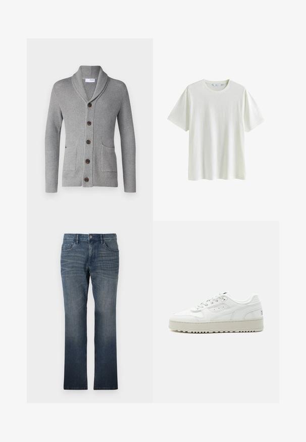 Grauer Strickcardigan mit einem Schalkragen, fünf braunen Knöpfen, zwei vorderen Taschen und gerippten Bündchen. Das strukturierte Material sorgt für ein gemütliches Aussehen.; Schlichtes weißes T-Shirt mit kurzem Ärmel und Rundhalsausschnitt, auf weißem Hintergrund dargestellt, mittlere Größe, aus Baumwollstoff.; TOM TAILOR MARVIN - Jeans Straight Leg - dark stone wash denim; Weißer Sneaker in niedriger Ausführung mit dicker Sohle, Schnürverschluss vorne, perforierten Details und gepolstertem Schaft auf schlichtem hellgrauem Hintergrund.