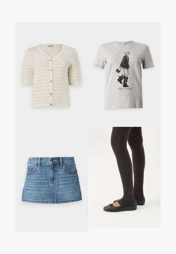Cardigan court à manches courtes tricoté couleur crème avec bords festonnés, rayures horizontales en maille ajourée, et cinq boutons ronds décoratifs sur le devant.; T-shirt gris clair à manches courtes avec une illustration noire d'une femme en bottes et veste tenant un sac à main et le texte "Step out of style."; Jupe mini en denim clair avec un design structuré. Comprend des poches avant, des passants de ceinture et un léger dégradé pour ajouter de la texture.; Jambes portant des leggings côtelés foncés associés à des ballerines noires avec de petits détails en nœud sur fond blanc.