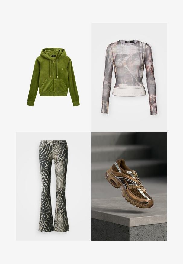 Grøn velour zip-up hoodie med en forlommer, guld lynlås og logodetalje. Har hætte og ribbede manchetter. Blød tekstur.; Langærmet, gennemsigtig bluse med et gråbrunt abstrakt mønster, rund halsudskæring og tætsiddende silhuet med let stræk.; Bredde jeans i et sort og beige zebra mønster, fremstillet af denim materiale, med fem-lomme design og synlige syninger.; Brun og tan Nike sneaker med mesh og reflekterende detaljer, der svæver over en betonbeklædning mod en sløret grå baggrund.