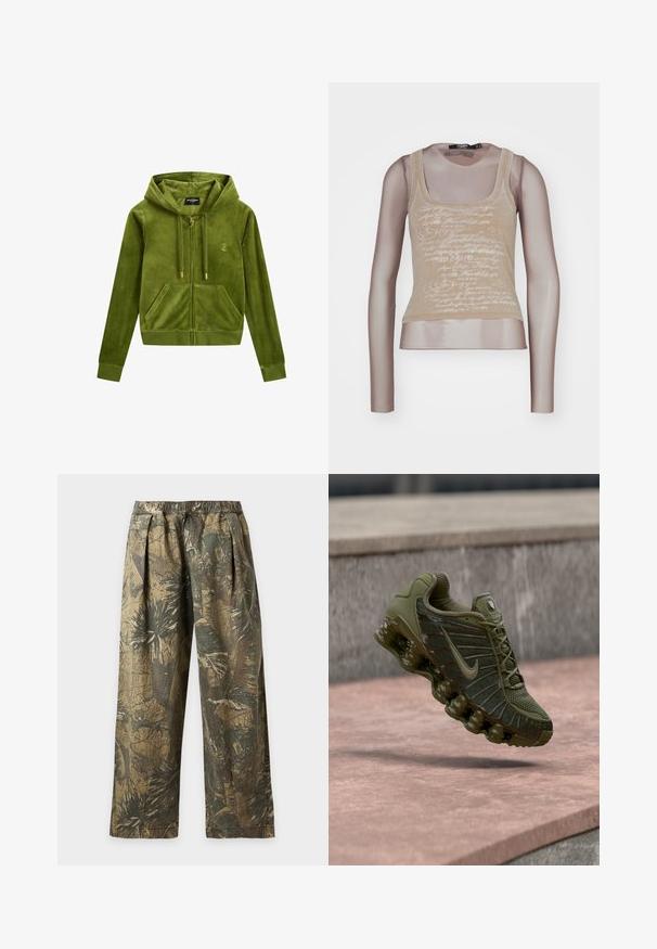 Grüner Velours-Reißverschluss-Hoodie mit Fronttasche, goldenem Reißverschluss und Logodetail. Verfügt über eine Kapuze und gerippte Bündchen. Weicher Stoff.; Beige ärmelloses Top kombiniert mit langen Mesh-Ärmeln; verfügt über einen weißen Schriftzug auf der Vorderseite, einen runden Ausschnitt und eine taillierte Silhouette.; Locker sitzende Hose mit elastischem Bund, mit grün-braunem tropischem Camouflage-Print mit Blättern.; Nike-Sneaker in Olivgrün mit einem Mesh-Obermaterial und strukturierten Einsätzen, gepolsterter Sohle sowie sichtbarer Luftdämpfung für hohen Komfort.